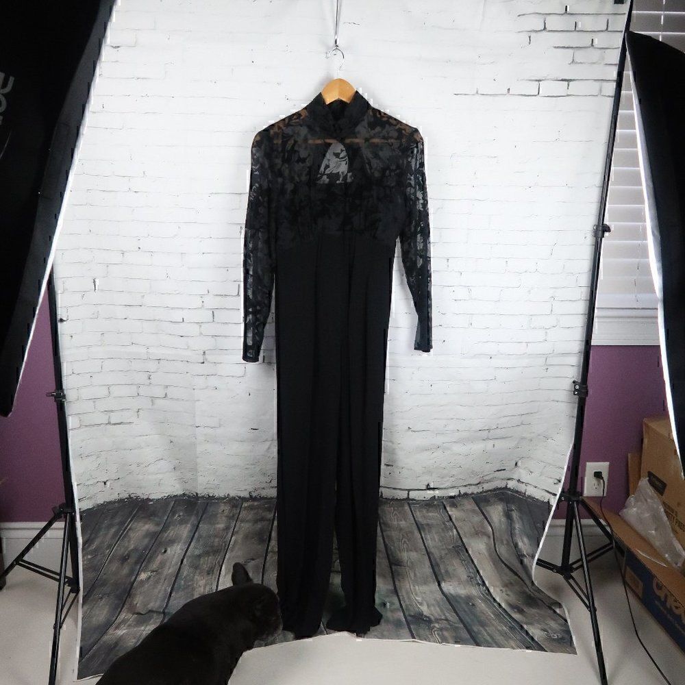 BB COLLECTIONS LONG SLEEVE VELVET SHEER TOP WIDE LEG JUMPSUIT OPEN BACK SIZE S